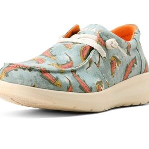 Men’s 9.5 Ariat Olive Rainbow Trout Fish Print Hilo Shoes NWT $70